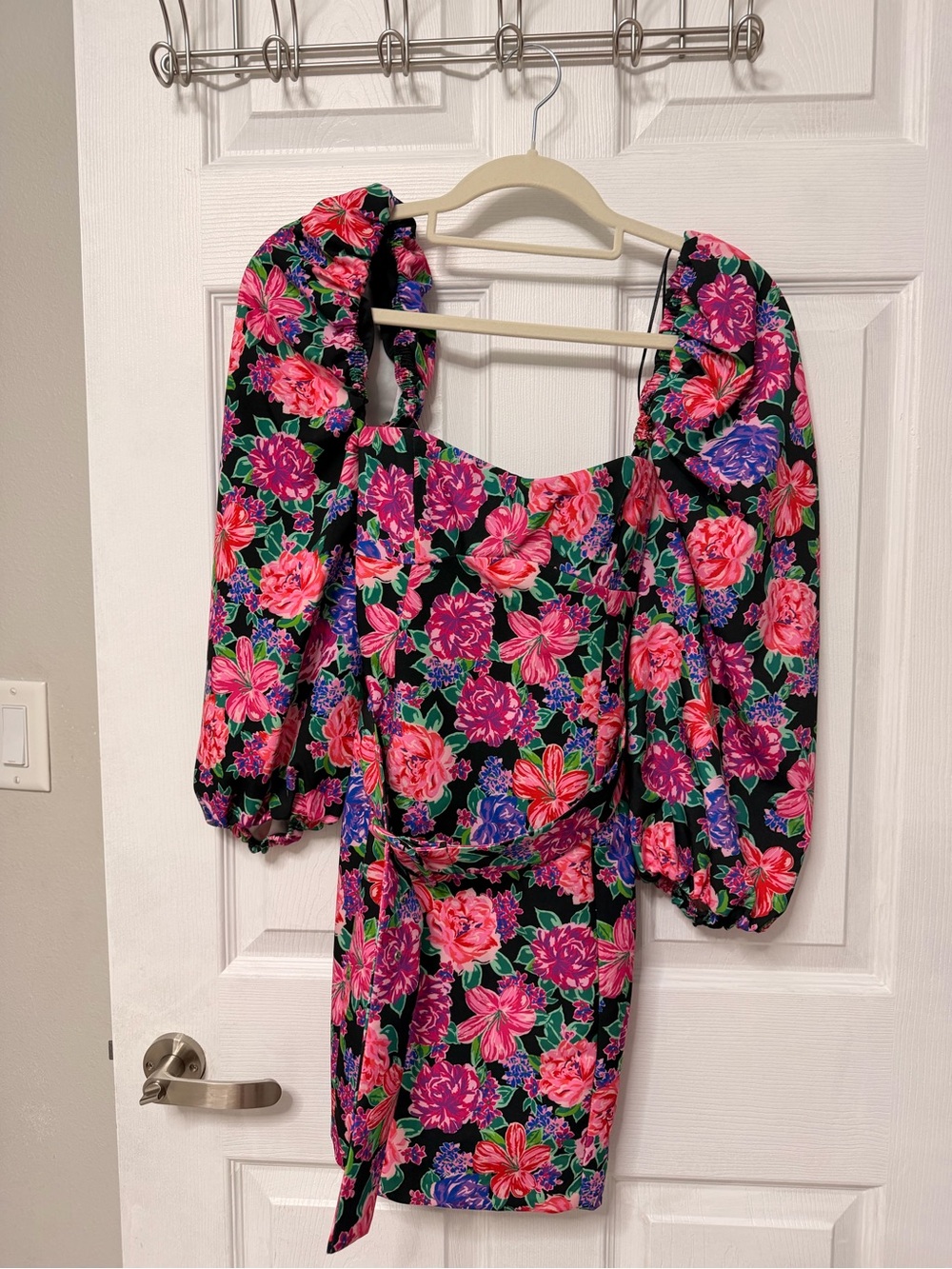 Zara Black Floral Puff-Sleeve Mini Dress with Pink & Purple Blooms